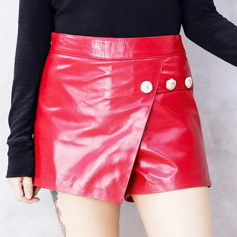 

Style Korean Genuine Leather Womens Loose Wide Leg Shorts Sheepskin Zippers Button Natural Waist Above Knee Elegant Skirt Shorts