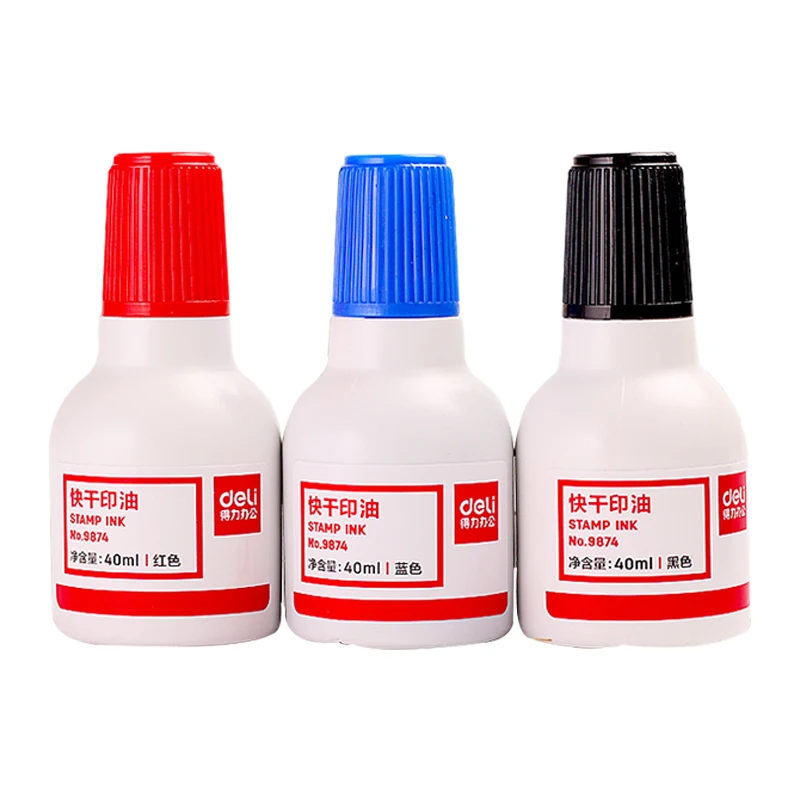 Deli 9874 carimbo de tinta 40ml garrafa de secagem rápida selo de tinta de negócios tinta vermelho azul preto cores por atacado