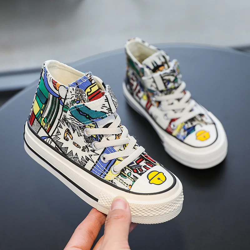 Children\'s high-top canvas shoes graffiti 2021 new spring and autumn girls shoes boys baby shoes Non-slip sneakers