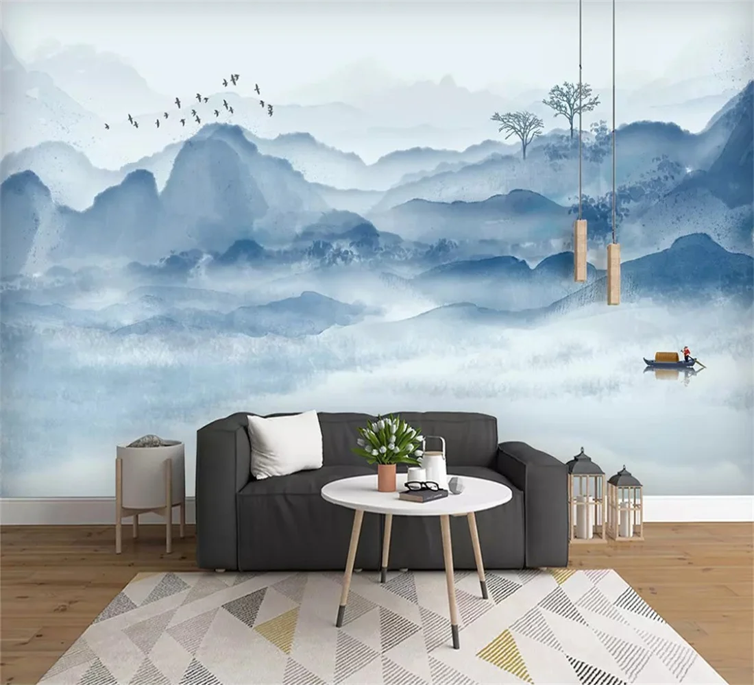 Custom size wallpaper Bird forest ink painting Home decoration Mountain lake pine forest wall decoration painting 3d wallpaper