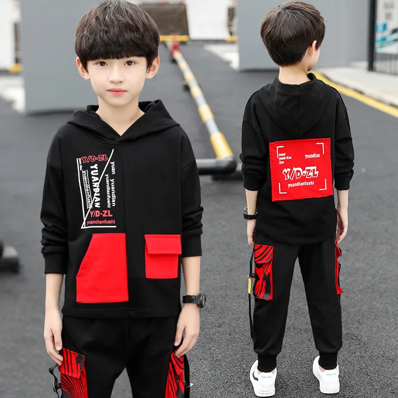 Hooded Red Spring Summer Children\'s Clothes Suit Baby Boys Sweatshirts + Pants 2pcs/Set Teenage Top Sport Costume For Kids Stree