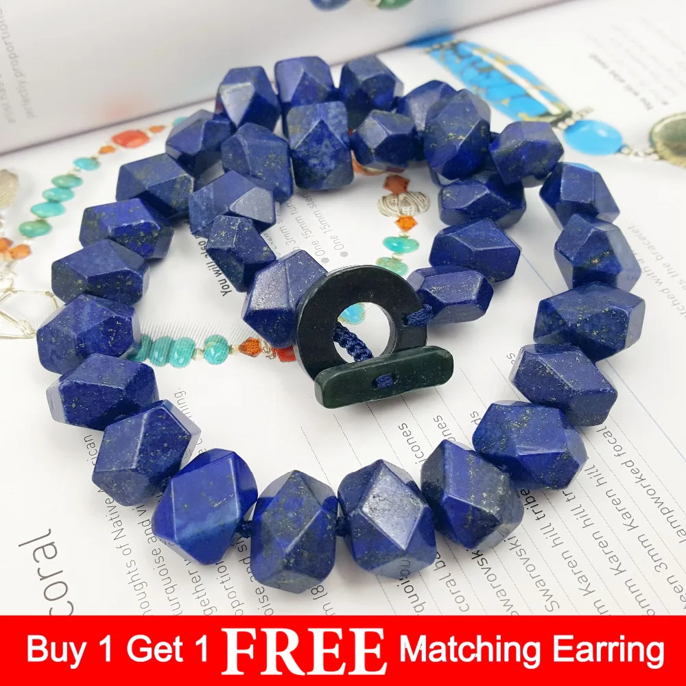 LiiJi Unique Natural Lapis Lazuli Faceted Hand Cut Beads 12x16mm Toggle Clasp Necklace 19\'\'