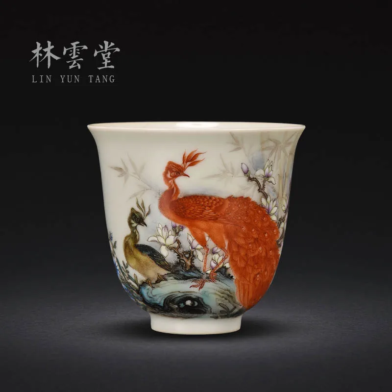 Lin Yuntang hand painted peacock pine powder Master Cup single cup Jingdezhen handmade ceramic kungfu tea cup