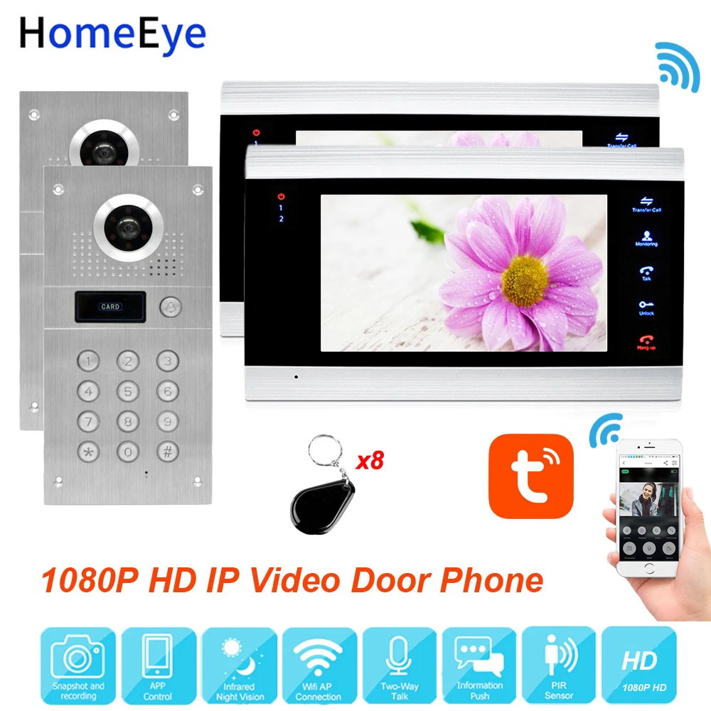 

1080P WiFi Video Door Phone IP Video Intercom RFID/Password 2Doors Access Control System Tuya App Remote Control Waterproof