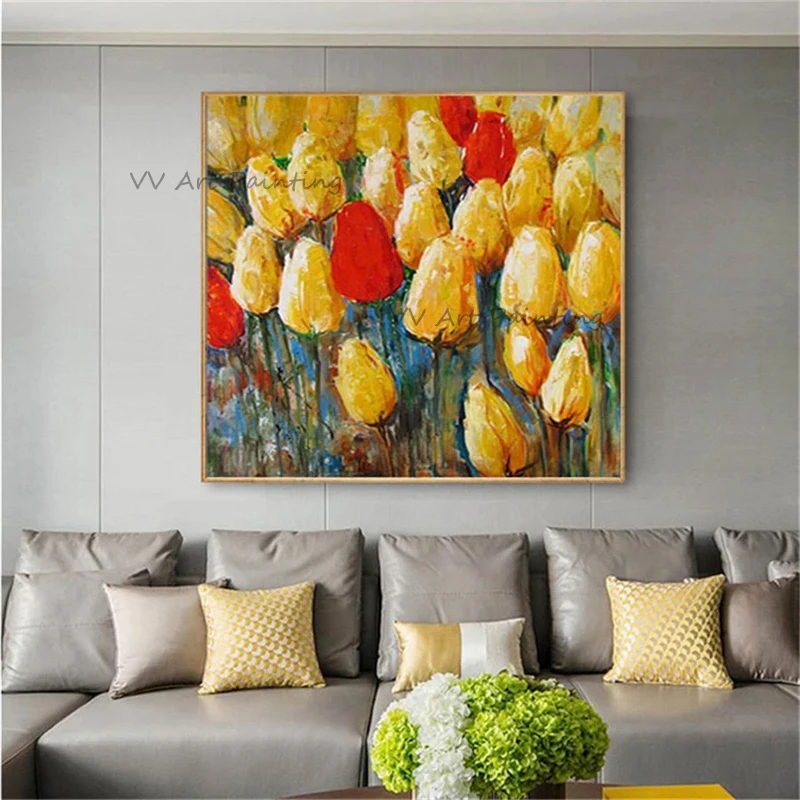 

Handmade Abstract Flowers Oil Painting Poster Tulip Wall Art Canvas Painting Nature Picture for Living Room Home Decor No Framed