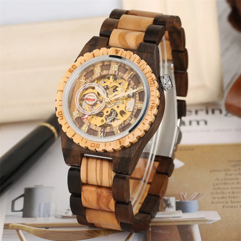 Luxury Men\'s Watch Automatic Mechanical Wooden Watch Roman Numerals Display Wood Bangle Wristwatch Creative Male Timepiece reloj