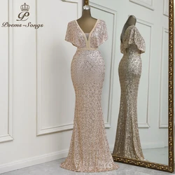 Sexy Deep V neck Rose gold color evening dress vestidos de fiesta  party dress robe de soiree de mariage robe femme soiree