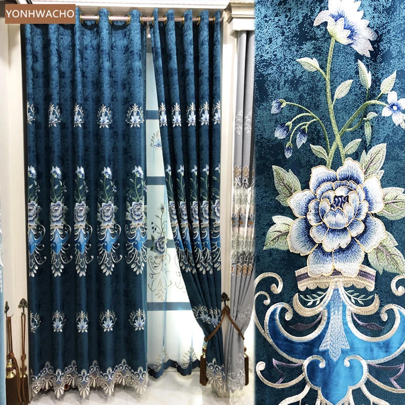 

Custom curtain modern bedroom full shading chenille pastoral peony embroidered blue cloth blackout curtain tulle drapery C771