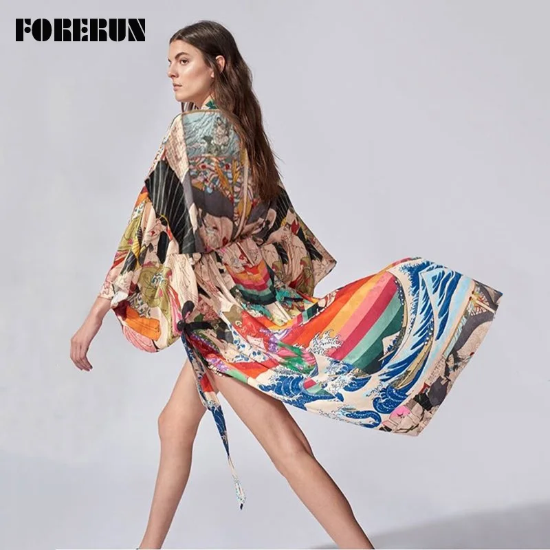 Forerun ボヘミアンドレス女性ビーチカバーアップ夏ロングマキシラッププリントビキニカバーアップビーチウェア vestidos デプラヤボルサ