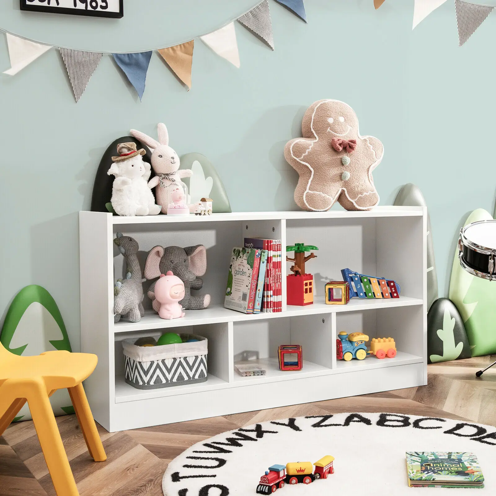 Honeyjoy Kids 2-Shelf Bookcase 5-Cube Wood Toy Storage Cabinet Organizer White  CB10297WH