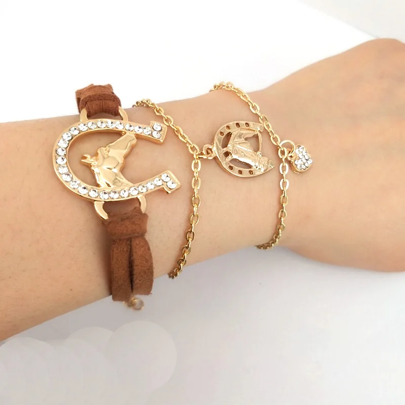 hzew 3 pcs/set Leather rope horse head horseshoe bracelet gold color horse heart bracelets