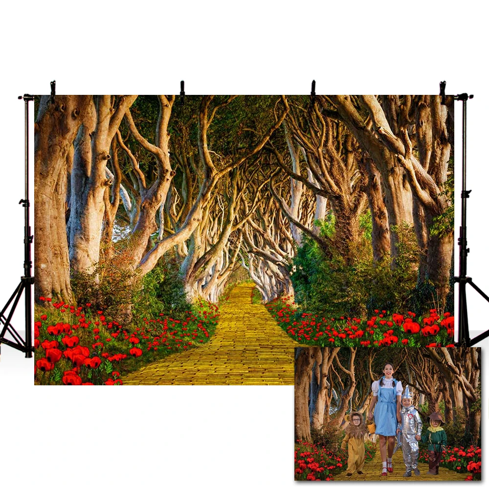 Mehofond Fairy Tale Forest Backdrop Red Flower Path Travel Baby Birthday Portrait Photography Background Photo Studio Photophone