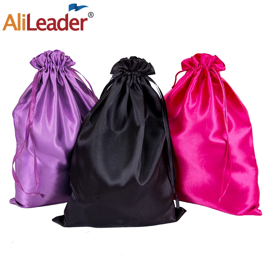 Alileader 2pcs Black Satin Bag For Packaging Hair With Logo Storage Bag Dust Bag Bundle Drawstring Bag Silk Satin Wig Bag Bulk