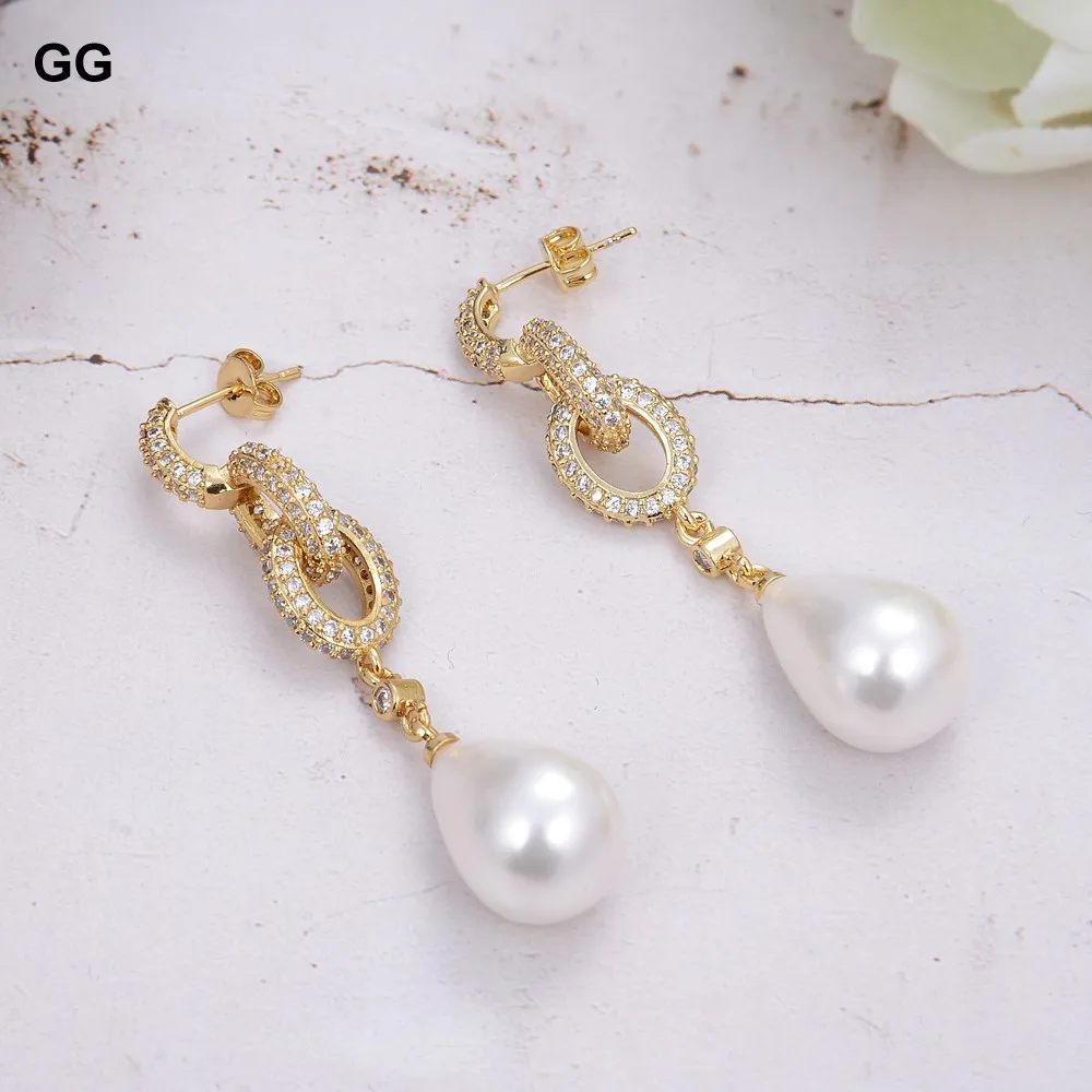 GuaiGuai Jewelry Teardrop White Sea Shell Pearl Cz Pave Post Earrings For Women