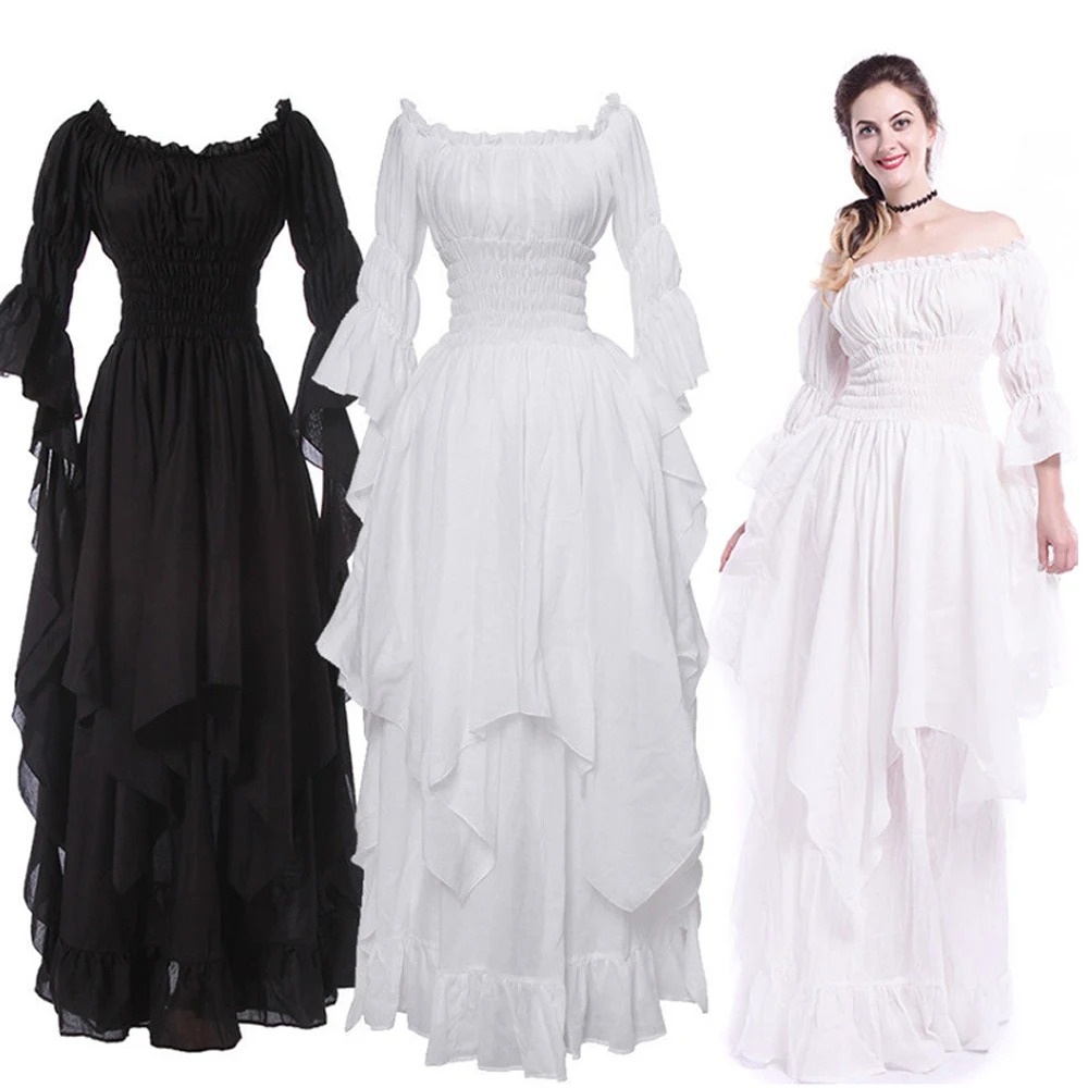 

5XL Vintage Victorian Medieval Dress Renaissance Black Gothic Dress Women Cosplay Halloween Costume Prom Princess Gown White