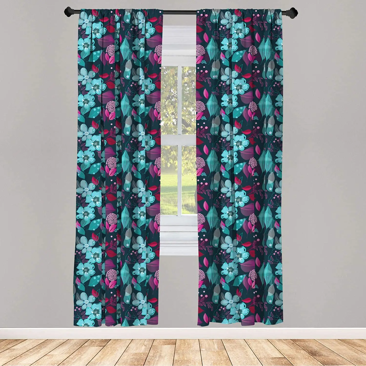 Teal Magenta Flower Window Curtains Flow of Pale Blue Blossoms and Colorful Leaves Romantic Lightweight Decorative