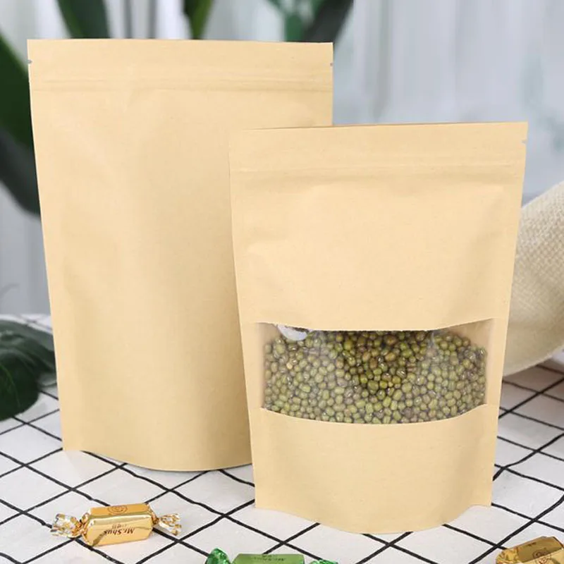 400pcs Sealable Bags Brown Kraft Paper Bag Stand Up Zipper Resealable Food Grade Snack Cookie Clear window Packing Pouch