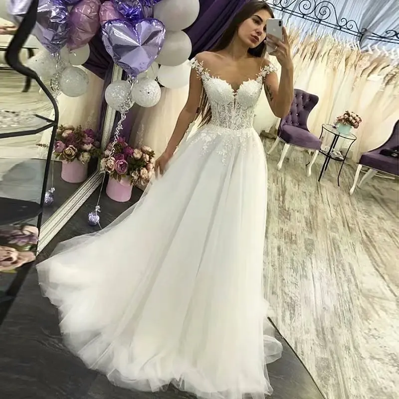 Robe de mariée en tulle transparent avec appliques en dentelle à col rond, robe de mariée, robe de soirée éducative, MF0013, 123