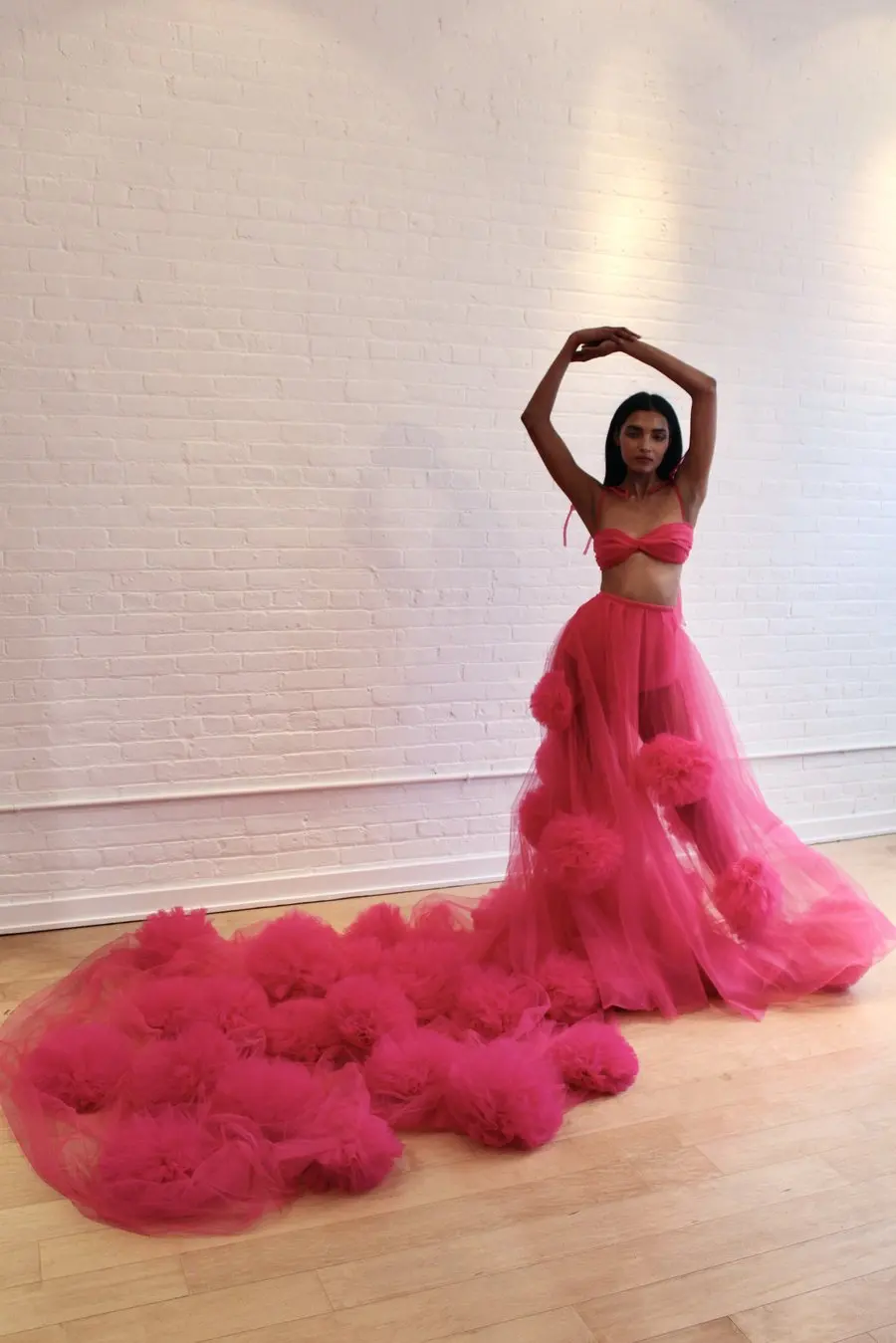 Gorgeous Hot Pink A-line Tulle Skirts With Long Train 2020 See Thru Tutu 3D Flower Long Tulle Skirts Women To Photo Shoot