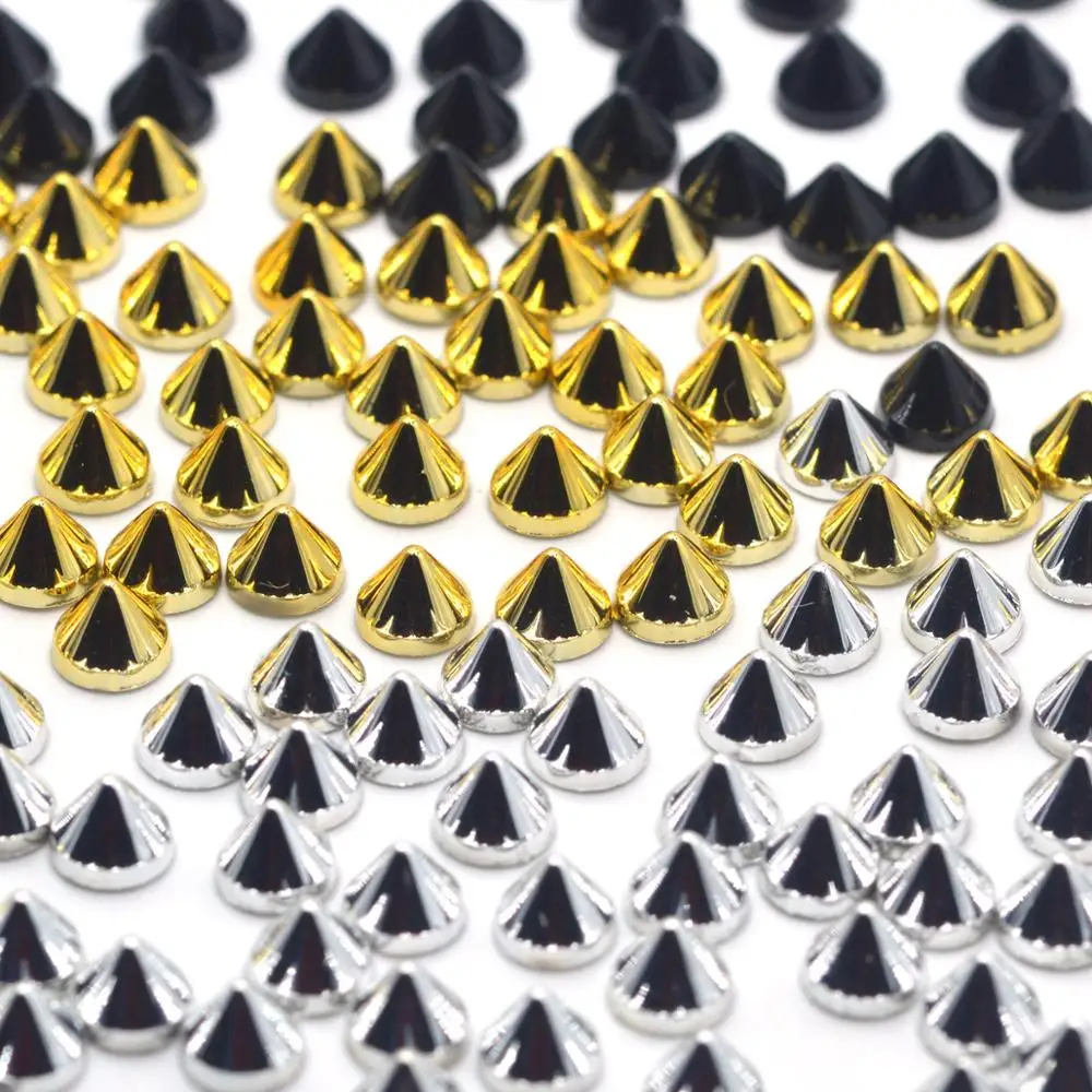 100Sets Silver Gold Black Plated ABS Cone Punk Studs Rivets Spikes for Shoes Bag Garment Decoration 6.5x5.5mm