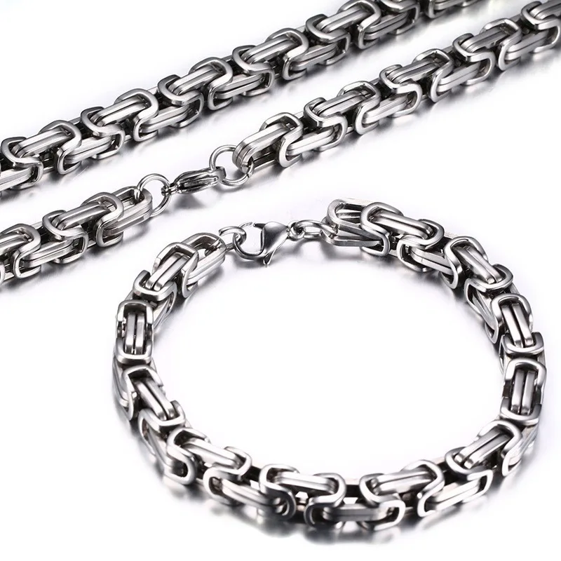 Stainless Steel Byzantine Chain Braided Chain Necklace Bracelet Set Men\'s Biker Punk Hip Hop Rock Jewelry Accessories