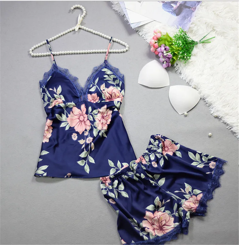 2pcs/set Women Silk Satin Lace Robe Shorts Sleepwear Babydoll Nightdress Pajamas