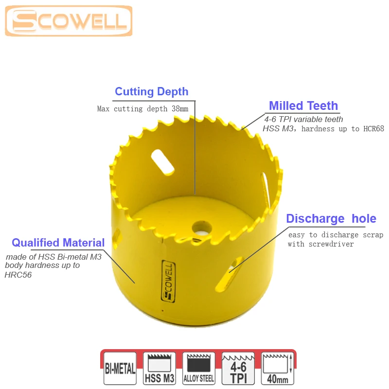 SCOWELL-Cortador bimetálico com mandril para metal e madeira, Círculo de corte de furos, Lâminas de serra, A2, A4, 14mm a 92mm