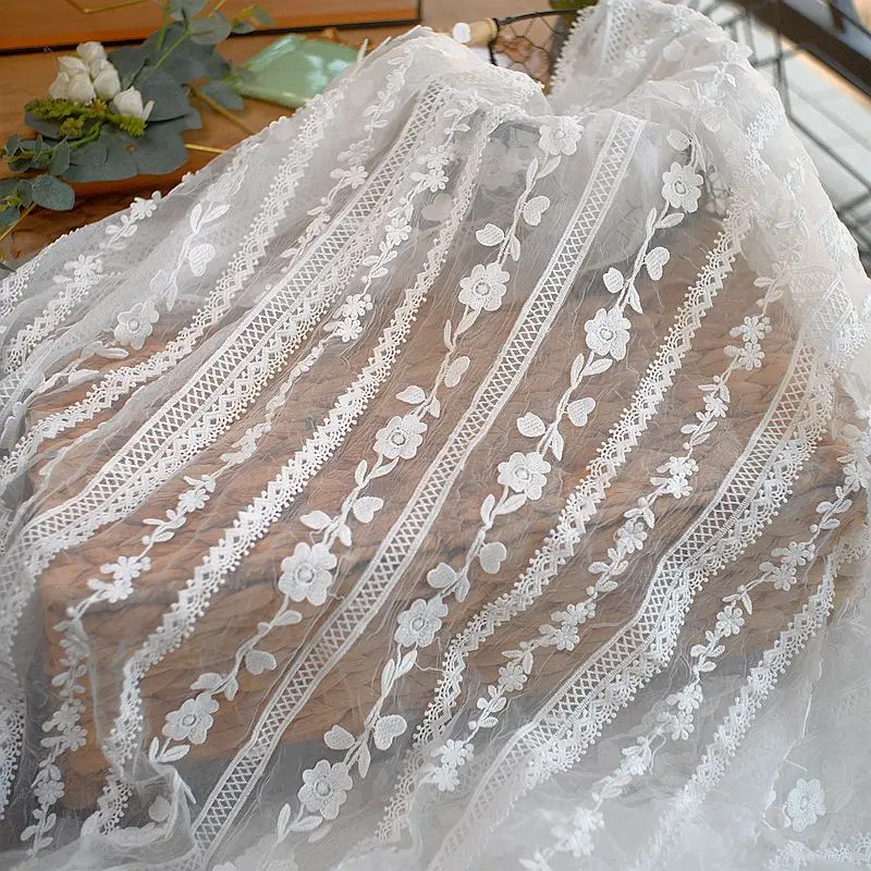 Mesh Fabric 3D Embroidery Soft Yarn White Lace Fabric Dress Clothing Window Screen Home Fabric Handmade DIY Cloth