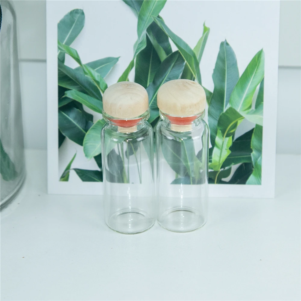 100Pcs 12ml Transparent Cute Mini Glass Vials Hard Wood Rubber Cap Wishing Crafts Refillable Botttles Candy Food Jars