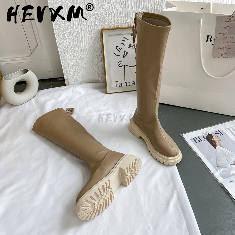 Women Platform Boots 2023 Winter Gothic Shoes Long Boots Women Fashion Black Beige Mid Calf Boots Round Toe Slip on Riding Boots