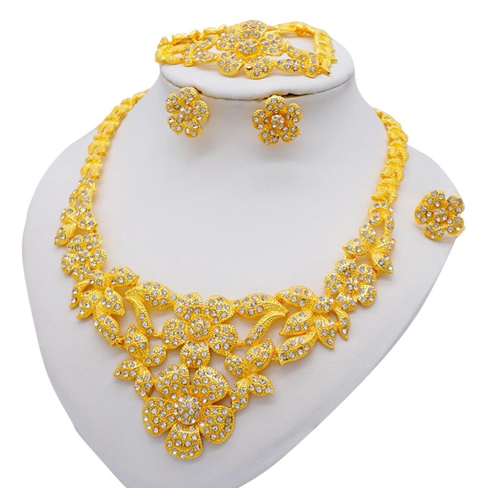 

Jewelry Sets Women Indian African Flowers Jewelery Set Wedding Jewellery For Brides Dubai Gold Jewlery Set