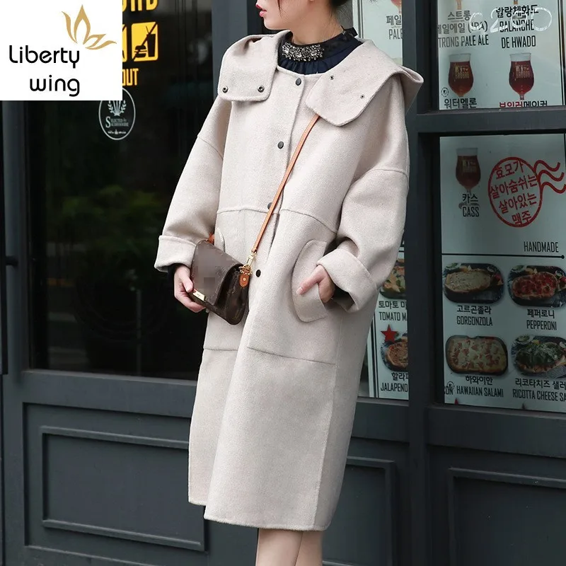 

Top Quality Women Winter Oversized Long Wool Coat Cashmere Hoodie Overcoat Loose Reversible Trench Office Ladies Woolen Coats