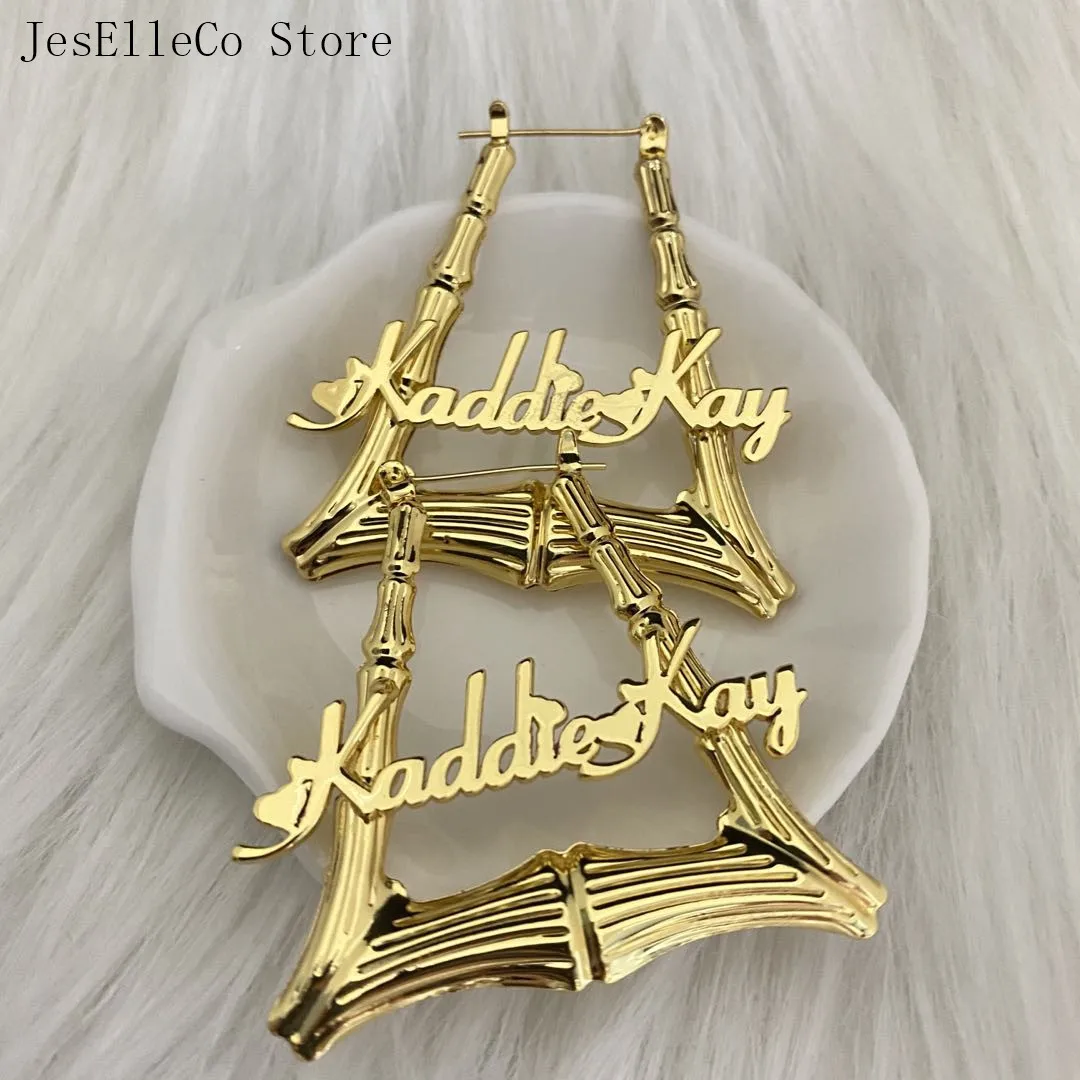 

50/70MM Custom Name Earrings Trapezoidal Shape Bamboo Earrings Custom Hoop Earrings Personalized Name Stainless Steel Jewelry