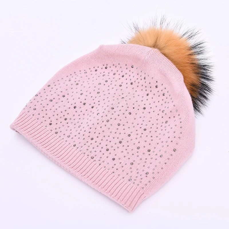 Women\'s Real Fur Pompon Hat Female Plain Warm Knit Beanie Hat Natural Raccoon Fur Pom Pom Hat Winter Beanies with Fur Pompom