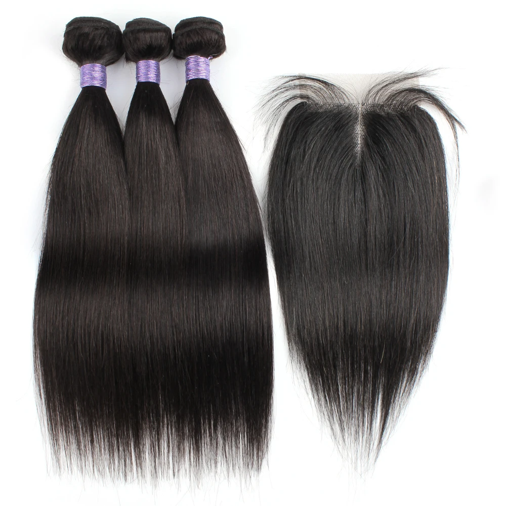 Natural color hair bundles with closure straight 200g/set Brazilian human hair middle part 4x4 closure with T type lace