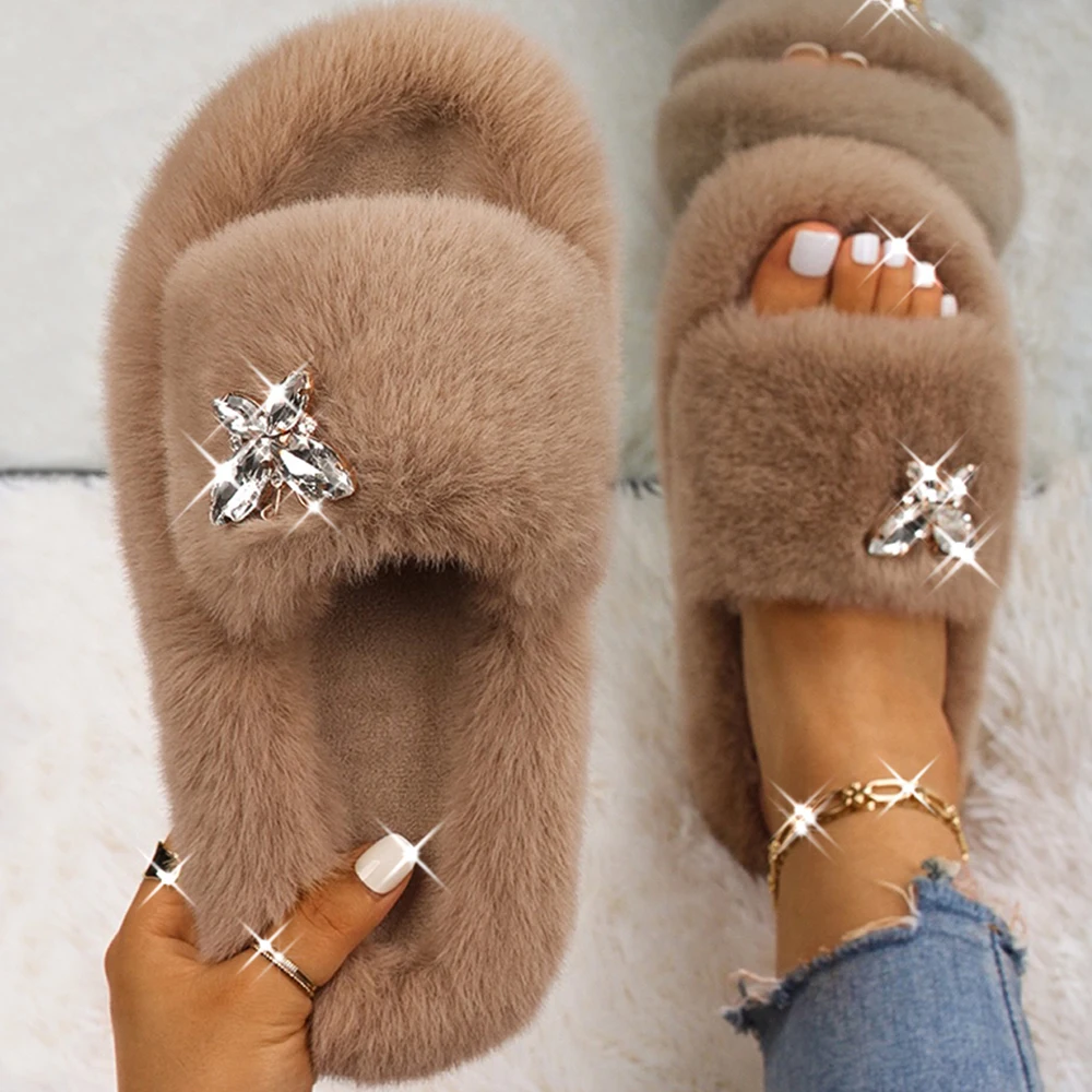 Women Fluffy Slippers Designer Fur Slides Crystal Butterfly Faux Fur Sandals Glitter Rhinestone Platform Slippers Female Shoes