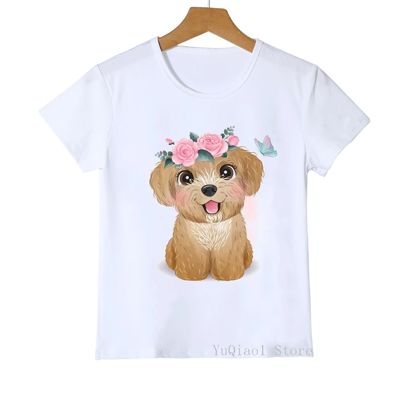 Cute Poodle/Schnauzer/ShihTzu/Corgi/Bulldog/Cavalier King Charles/Siberian Husky Dog With Floral Kids White T-Shirt Girl Clothes