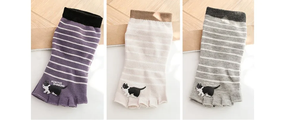 Frühling Herbst Fünf Finger Socken Frauen Mädchen Nette Katze Druck Offene Zehen Gestreiften Weben Ohne Knochen Knöchel No Show Socken EU 35-39 – Detail 4