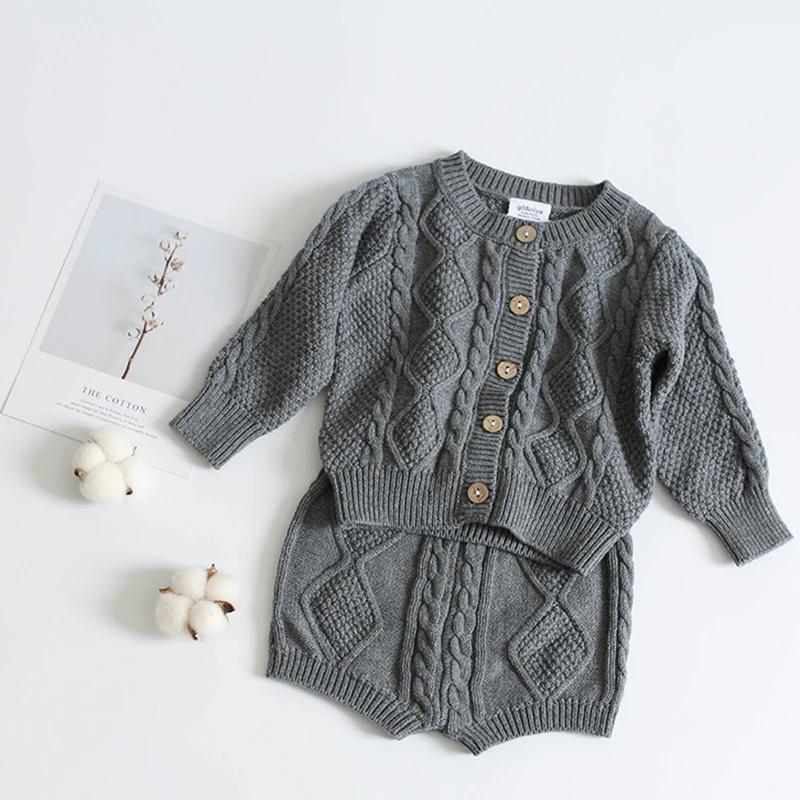 Brand Cotton Boys Girls Baby Knit Sweater Cardigan + Shorts Suit New 2021 Autumn Winter Children Clothing Baby Clothes Suit