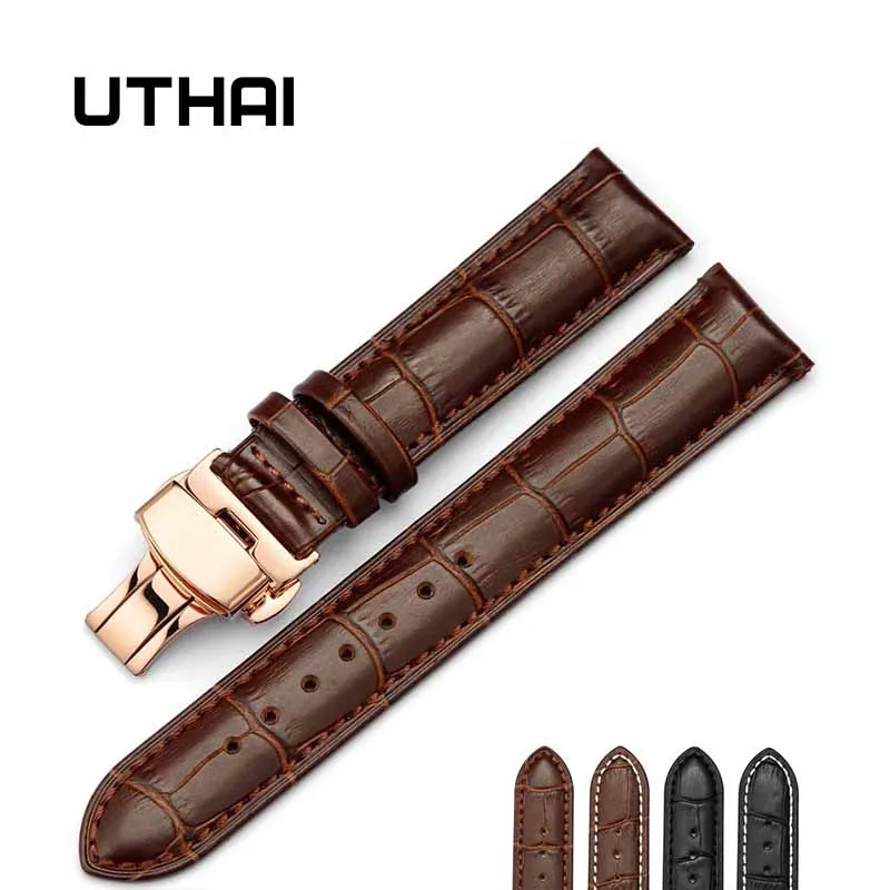 UTHAI Z06 watchband double click elastic butterfly buckle strap cowhide dermal 14/16/18/19/20/21/22 /24mm watch strap