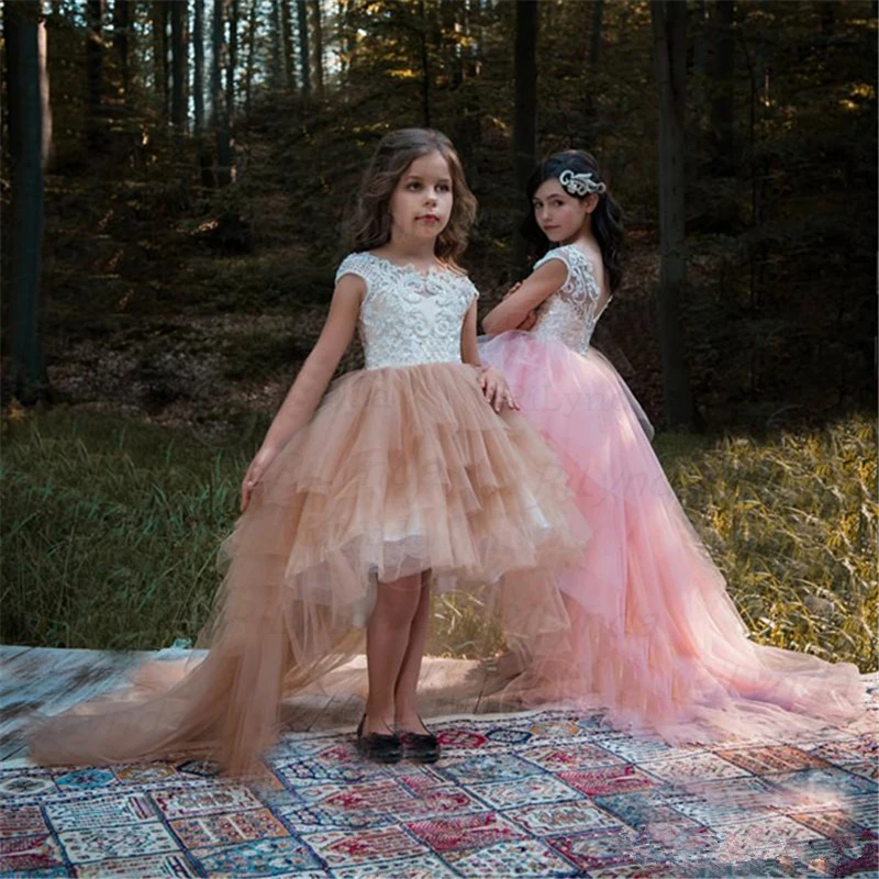 Robe à Fleurs Haute et Basse pour Bol, Jupes à Plusieurs Niveaux, Dentelle, Première Communion, Concours de Perles, Peu importe, Blanc, Rose, Mariage, Petits Enfants