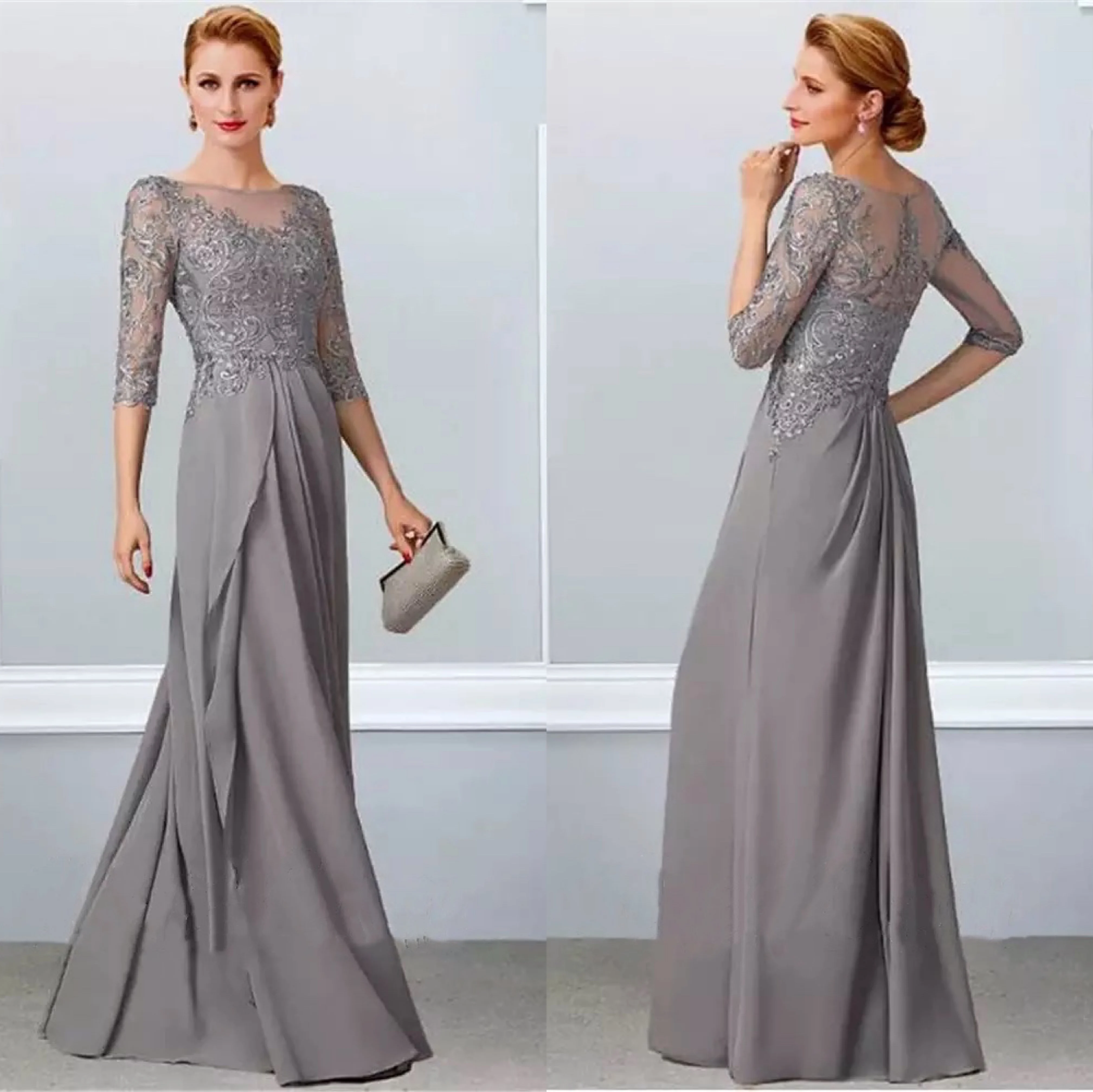 

Grey Chiffon Mother Of Bride Dresses Lace Elegant Half Sleeves O-Neck Ruffle Wedding Wedding Banquet Mom Celebrity Evening Gowns