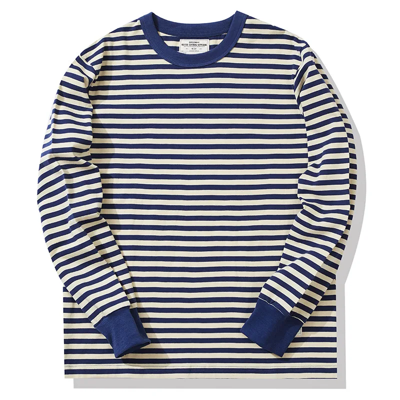 Ok0202 280G Men T-Shirt Cotton Heavy Weight Classic Fashion Simple Blue Pinstripe Long Sleeve Round Neck Color Match Thick Tee