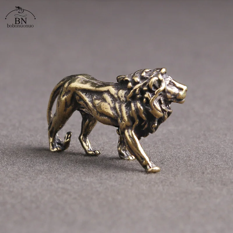 Retro Brass Lion King Miniatures Figurines Desktop Ornaments Pure Copper Statue Metal Crafts Home Decorations Keychain Pendants