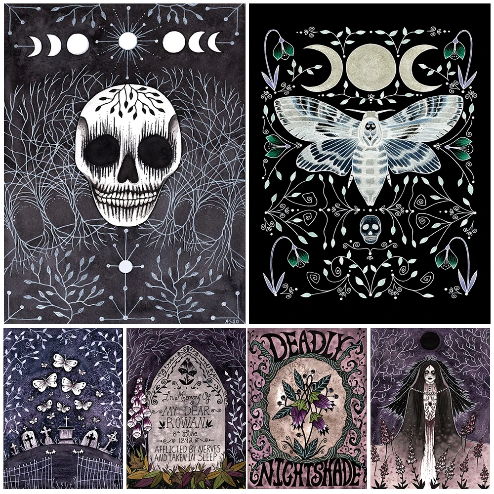 

Moon Wicca Celestial Witch Art Print Skeleton Grave And Zombie Bride Poster And Print Decor Wall Art Canvas Painting Unframed