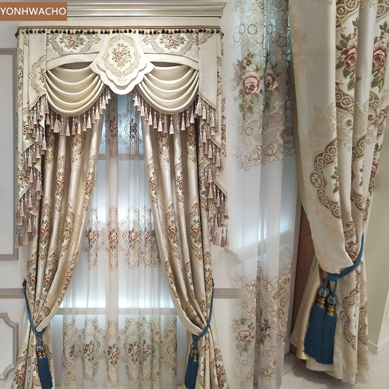 Custom curtain European luxury jacquard high precision embossed  beige thick cloth blackout curtain valance tulle panel C512