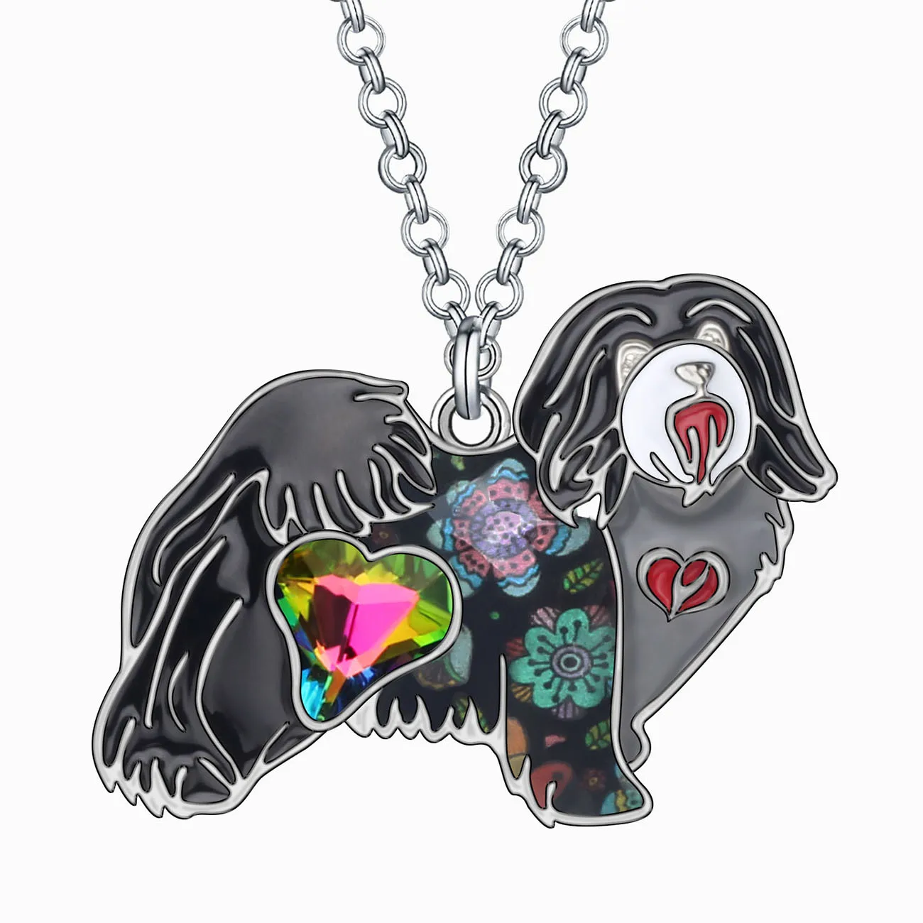 Bonsny Floral Enamel Alloy Standing Havanese Dog Necklace Pet Animal Pendant Jewelry For Women Kid Girl Fashion Gift Accessories