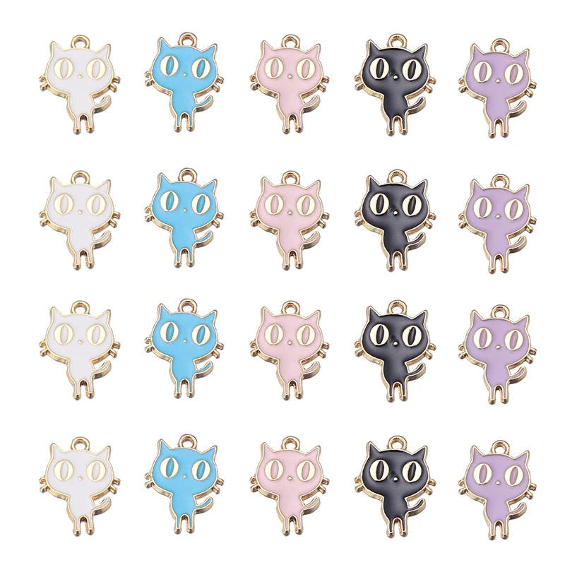 20pcs 18.5x14mm Cartoo Enamel Cat Charms Gold Plated DIY Animal Charm Pendant For Jewelry Making DIY Craft Finding