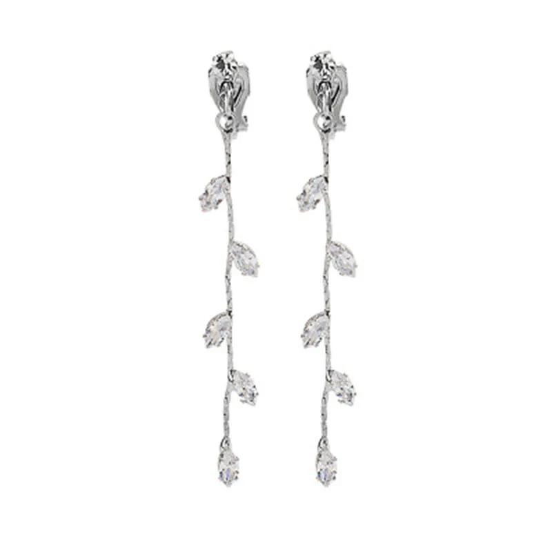 Hot New Silver Color Needle Willow Leaf Clip Earrings Fashion Jewelry Temperament Simple Long Tassel Earrings For Women Gift