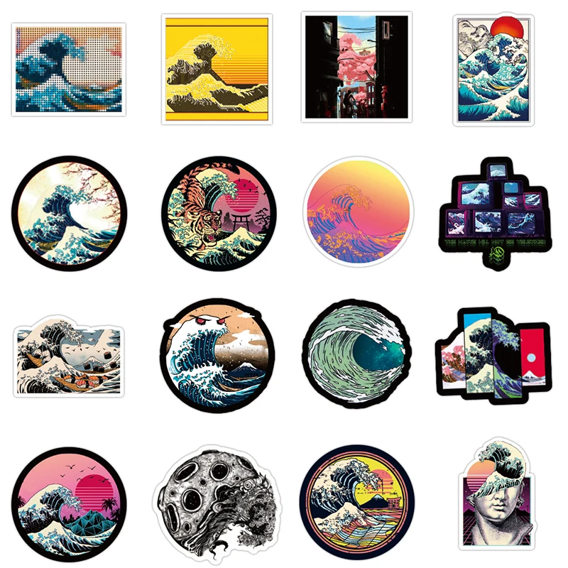 10/30/50PCS Cartoon Sea Wave Spray Round Stickers Graffiti Skateboard Guitar Luggage Laptop PVC Decals Sticker Kid DIY Toys F5